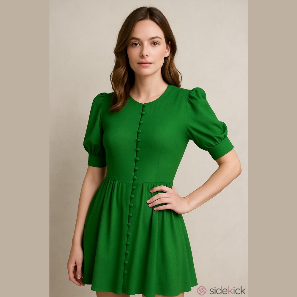 Reformation Laylin Mini Dress In Kelly Green With Puff Sleeve Size 2